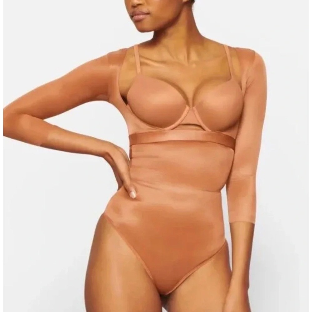 SKIMS Summer Mesh Shrug Cocoa Brown Sheer Long Sleeve Cropped Bolero Top Medium - Picture 4 of 4
